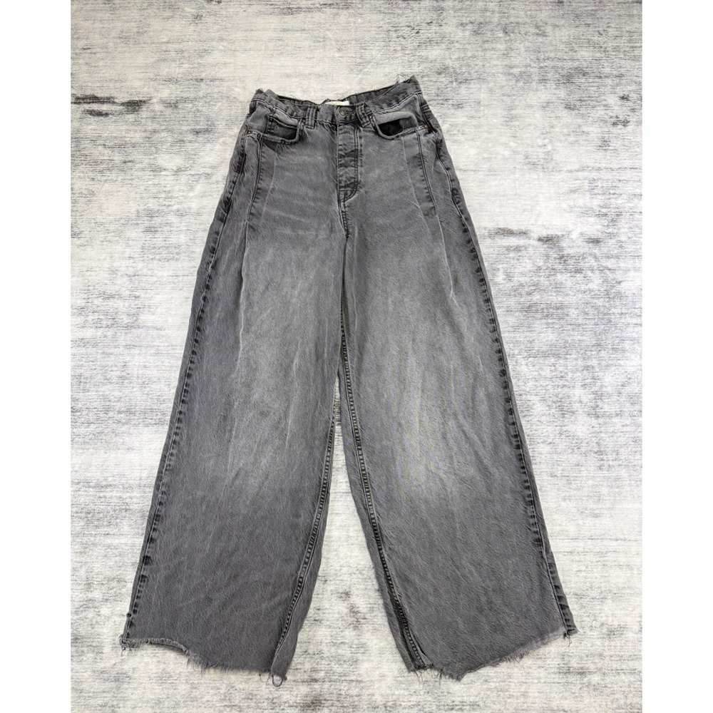 We The Free Free People Wide Leg Jeans Faded Black Raw Hem Size 25 Button Fly